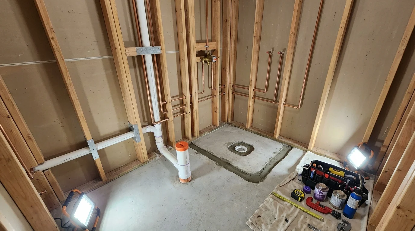 Bathroom rough-in plumbing during remodel by Johns Plumbing LLC in Babbitt
