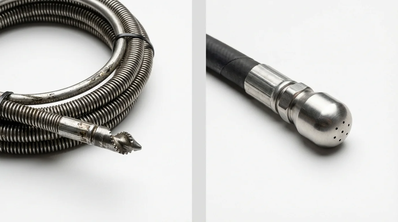 Drain snake cable and hydro jetting nozzle used for drain cleaning in Babbitt, MN