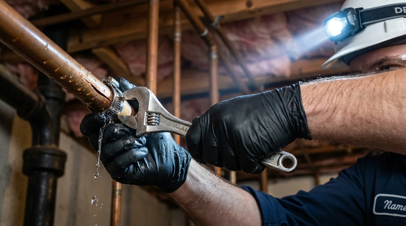 Emergency pipe clamp repair being performed by a Johns Plumbing LLC plumber in Babbitt