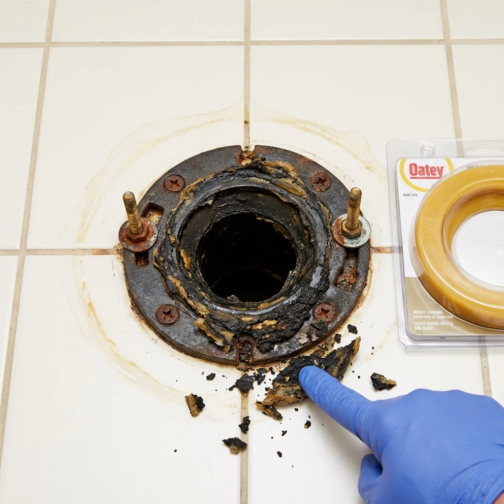 Failed wax ring showing water seepage at the base of a toilet in a Babbitt, MN home